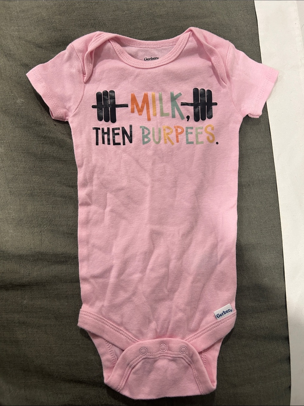 Gerber Pink Onesie with 'Milk, Then Burpees' Graphic